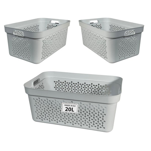 Drei graue Wäschekörbe aus Kunststoff mit Griffen und Löchern im 20-Liter-Format