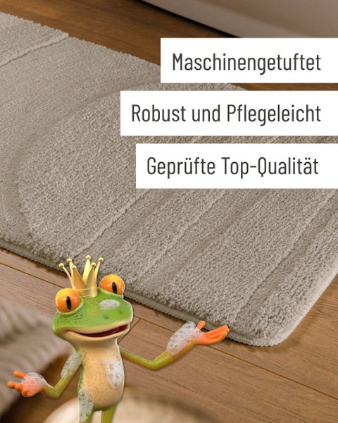 Strukturierte Badematte, maschinell getuftet, robust und pflegeleicht in geprüfter Qualität. Frosch-Maskottchen im Vordergrund.