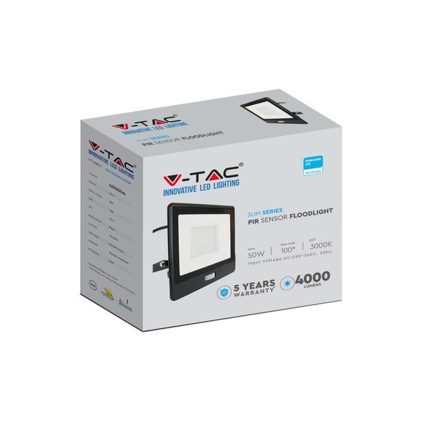 V-TAC VT-158S-1-B - LED-Flutlichtstrahler mit PIR-Sensor - Schwarz - Samsung - IP65 - 50W -