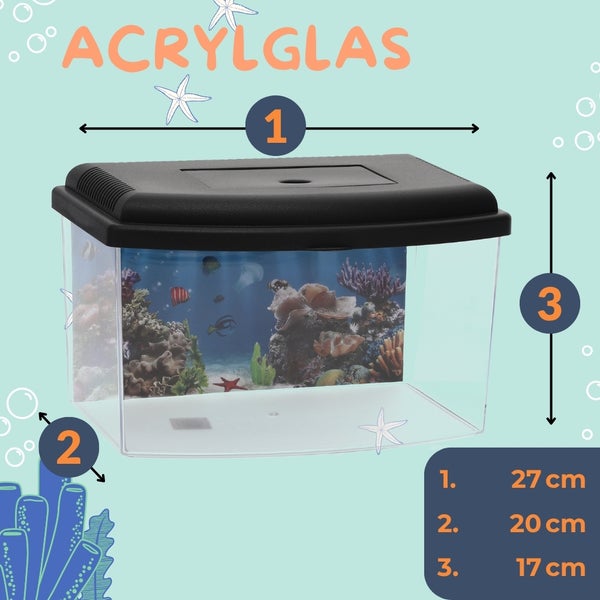 Acrylglas-Aquarium mit schwarzem Deckel und Unterwasser-Hintergrundbild. Maße: Breite 27 Zentimeter, Tiefe 20 Zentimeter, Höhe 17 Zentimeter.