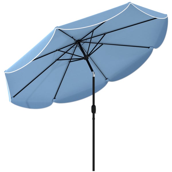 Blauer Sonnenschirm mit weißem Saum, schwarzem Mast und Knickgelenk.