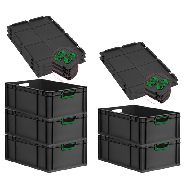 PROREGAL SparSet 5x Eurobox NextGen Color mit Auflagedeckel und Schiebeschnappverschlüsse, HxBxT 22x40x60cm, 44 Liter, Schwarz, Griffe grün offen, Verstärkter Boden, Eurobehälter, Transportbox, Transportbehälter, Stapelbehälter