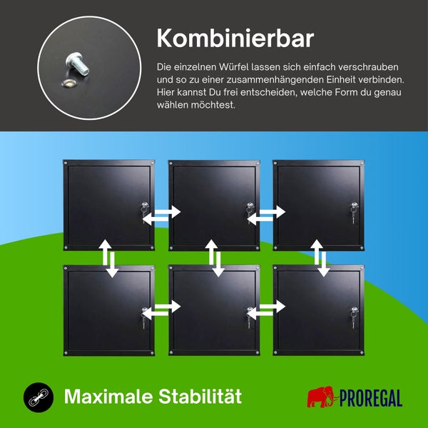 Modulares Regalsystem aus sechs schwarzen, verschließbaren Metallwürfeln, verschraubbar für maximale Stabilität. Proregal Logo.