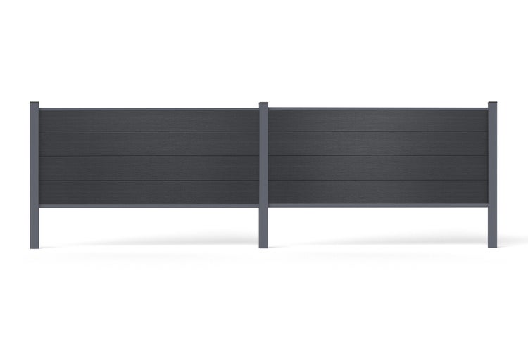 Anthrazitfarbener Gartenzaun Sichtschutzzaun mit horizontalen WPC-Lamellen und drei Metallpfosten.