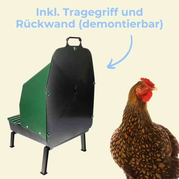 Legenest für Hühner mit Tragegriff und demontierbarer Rückwand auf vier Füßen neben einem Huhn.