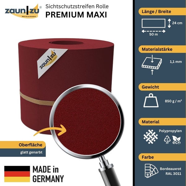 Zaun zu Premium Maxi Sichtschutzstreifen Rolle mit den Maßen 50 Meter mal 24 Zentimeter, Materialstärke 1,1 Millimeter, Gewicht 850 Gramm pro Quadratmeter, Material Polypropylen, Made in Germany