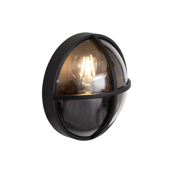 Runde Außenwandleuchte in Schwarz mit Schutzgitter und sichtbarem LED-Leuchtmittel.