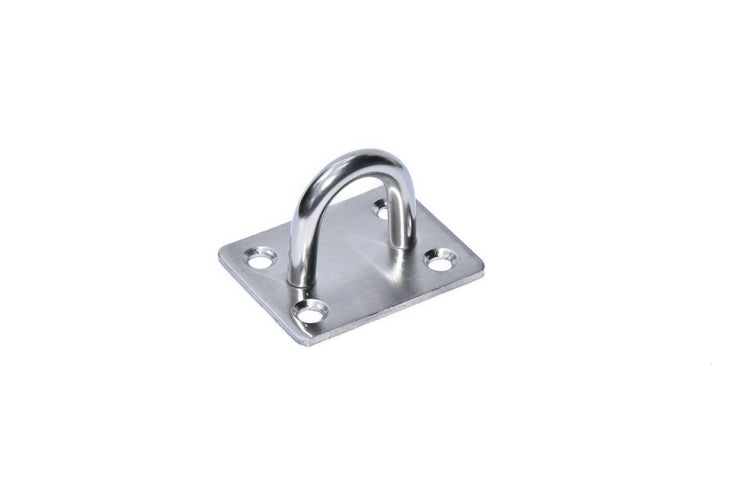 Augplatte aus Edelstahl, rechteckig, mit vier Befestigungslöchern und Bügel.