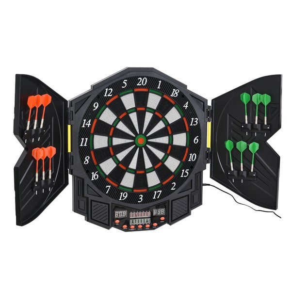 HOMCOM Elektronische Dart-set mit Tür, LED Anzeige, Soundeffekte, 12 Darts, 12 Dartköpfe, 27 Spiele und 216 Trefferoptionen für 8 Spieler,  49 x 54,6 x 5,5 cm, Kunststoff, Schwarz