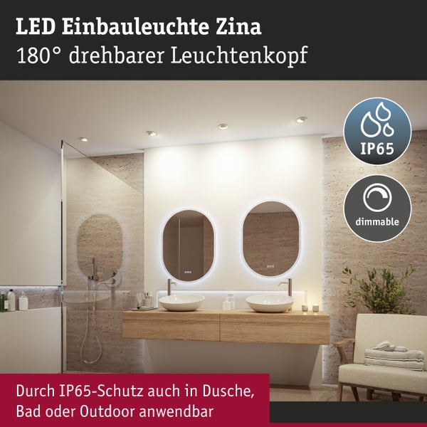 LED Einbauleuchte Zina im Badezimmer, IP65 Schutzklasse für Dusche und Außenbereich, dimmbar, 180 Grad drehbarer Leuchtenkopf.