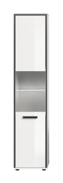 Bad-Hochschrank mit zwei Türen, offenem Mittelfach mit beleuchtetem Glasboden, weißer Hochglanz-Front und anthrazitfarbenem Korpus.