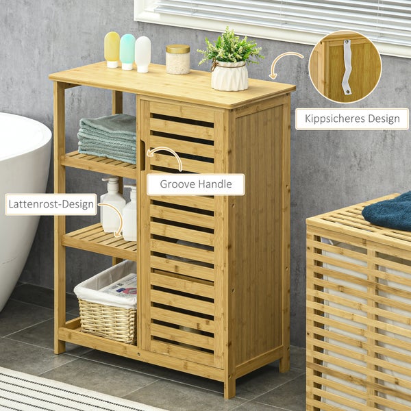 kleankin Badezimmerschrank Badschrank mit Schrankfach, 3 Offenen Ebenen, Toilettenschrank mit Kippschutz, Beistellschrank für Bad, Bambus, Natur, 66 x 33 x 87 cm