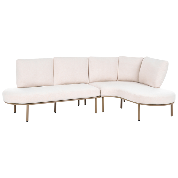 Modulares Gartensofa-Set bestehend aus zwei Elementen mit Metallgestell und hellen Polstern.