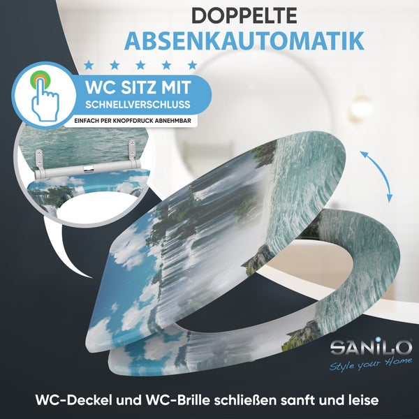 Sanilo WC-Sitz mit Wasserfall-Motiv, doppelter Absenkautomatik und Schnellverschluss.