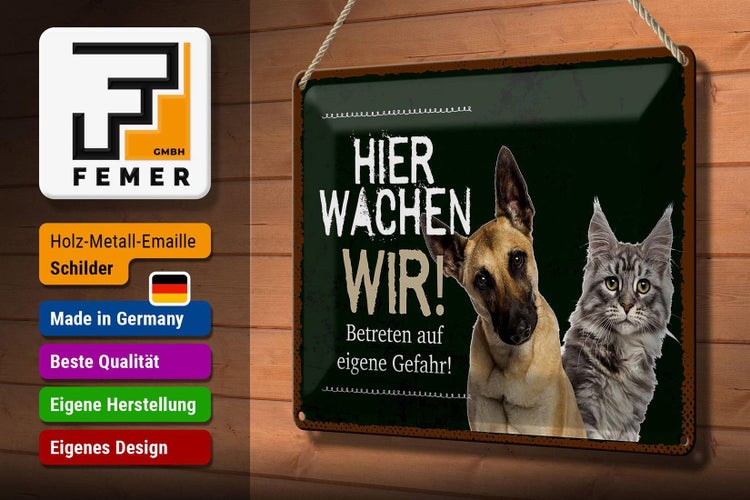 Blechschild Spruch 30x20cm Hund Katze hier wachen wir schwarzes Schild