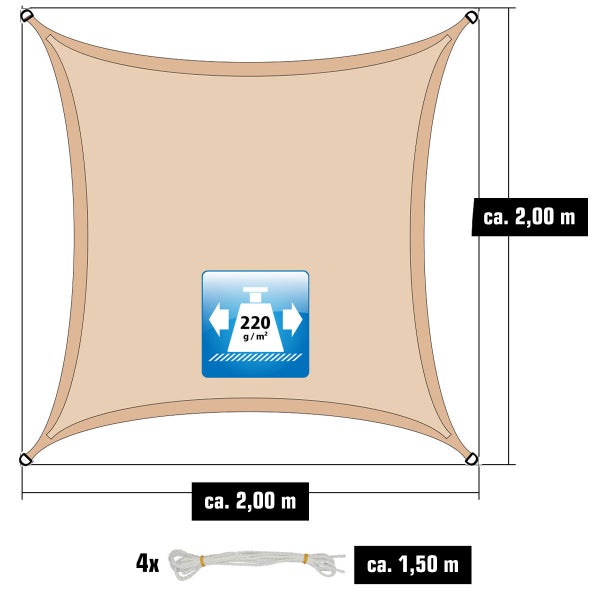 AMANKA 2x2 Sonnensegel Viereckig Atmungsaktiv - Quadrat Sonnenschutz Segel mit Edelstahl Befestigung