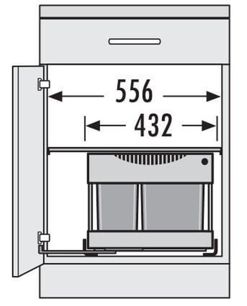 Skizze eines Unterschranks mit Tür und Schublade mit Maßangaben