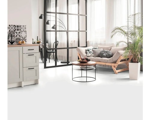 Heller Wohnraum mit Küche, Sofa, Tisch und Zimmerpflanze.