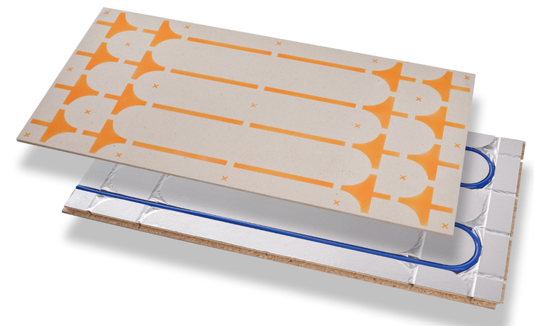 Aufnahme einer Fußbodenheizung mit Montageplatte und Heizrohren.