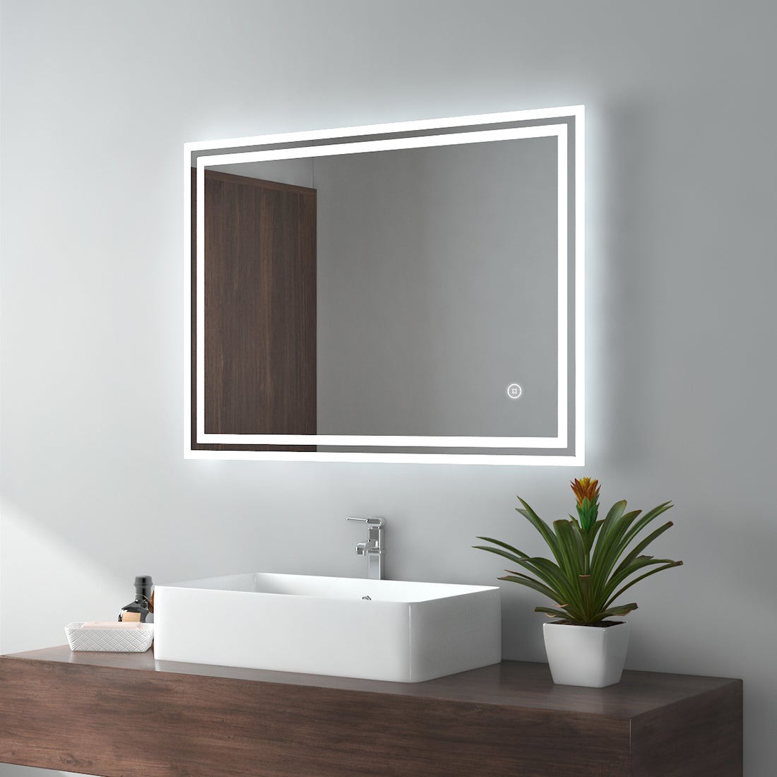 EMKE Badspiegel LED IP44 Wasserdicht Wandspiegel, 80x60cm, Kaltweißes/Neutral/Warmweißes Licht Dimmbar, Touchschalter, Beschlagfrei