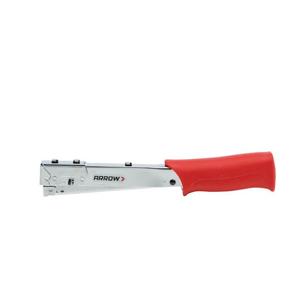 Arrow Hammertacker aus verchromtem Stahl mit rotem Kunststoffgriff.