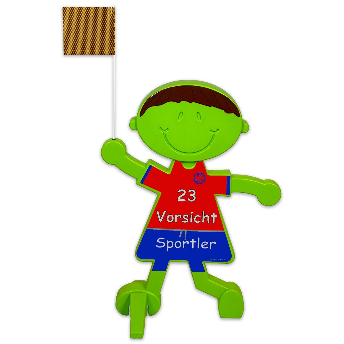 UvV 3D Warnschild Spielende Kinder als Sportler, reflektierendes Trikot mit Wunschtext / rot &amp; blau