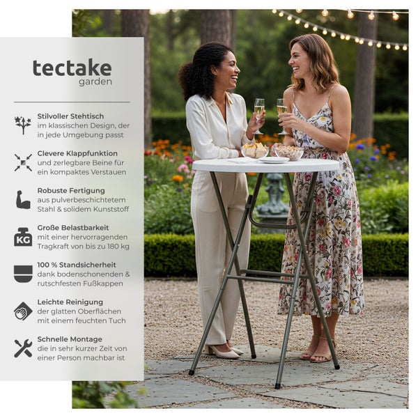 Zwei Frauen stehen an einem Stehtisch von tectake garden im Freien und halten Gläser