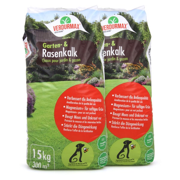 Zwei Säcke Garten- und Rasenkalk von Verdurmax zur Bodenverbesserung, Magnesiumanreicherung und Moosbekämpfung, jeweils 15 kg
