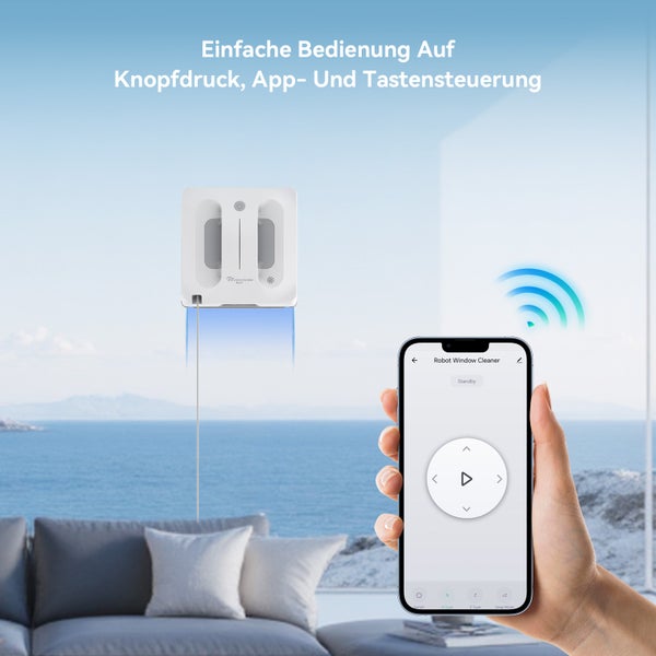 Fensterreinigungsroboter an einer Glasscheibe mit Smartphone-Steuerung und Sicherungsseil.