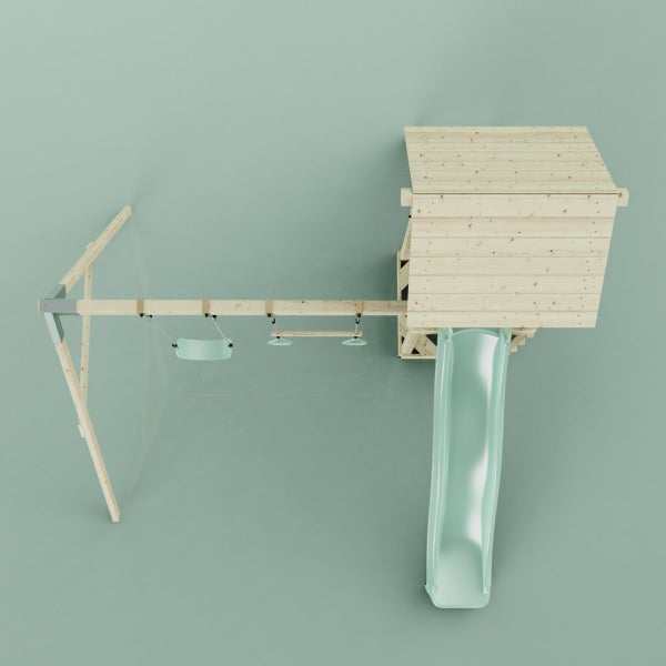 Spielturm mit Rutsche und Schaukel aus Holz