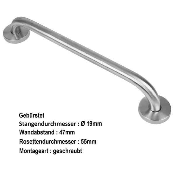 Gebürsteter Haltegriff für das Badezimmer mit 19 Millimeter Stangendurchmesser und Schraubmontage.
