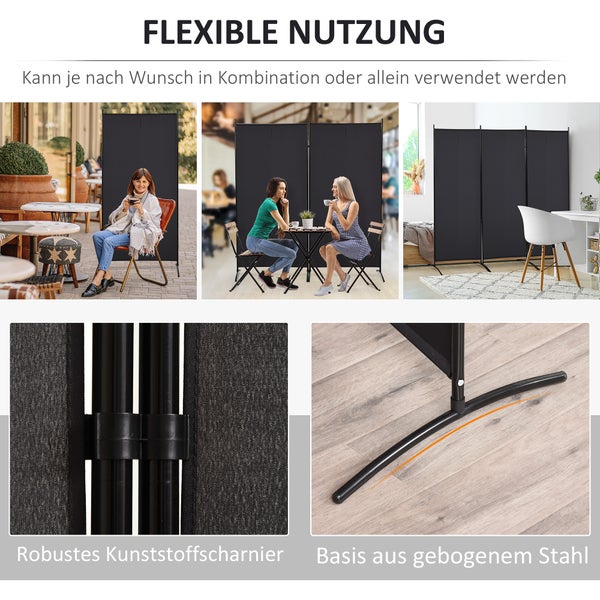 Schwarzer Paravent für flexible Nutzung als Einzelpaneel oder in Kombination, mit robustem Kunststoffscharnier und gebogenem Stahlfuß.