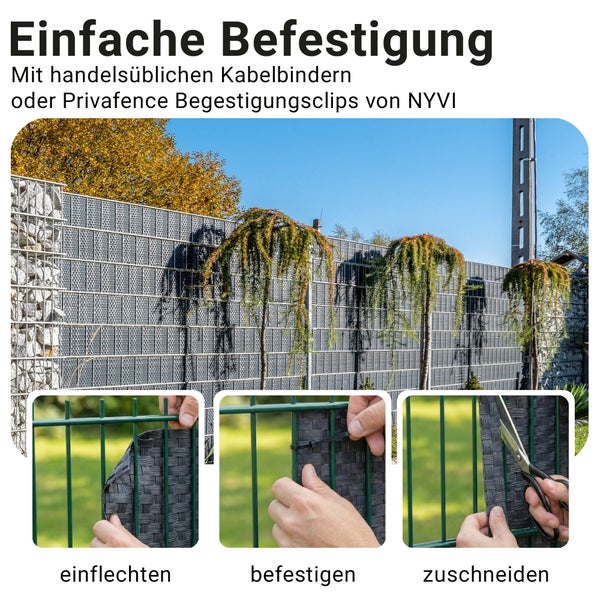 Anleitung zur Befestigung eines Sichtschutzstreifens am Doppelstabmattenzaun durch Einflechten, Fixieren mit Kabelbinder und Zuschneiden.
