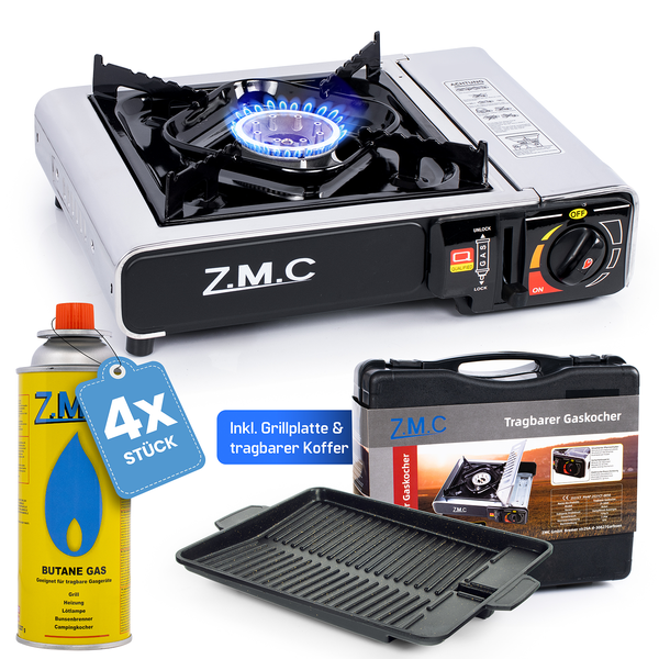 Z.M.C Edelstahl Gaskocher 1-flammig + Aufbewahrungskoffer + Grillplatte 33x26x4 cm, mit 4x Gaskartuschen 227g, Campingkocher für Outdoor und Innenraum, Campinggaskocher 2,2 kW, mit Piezozündung