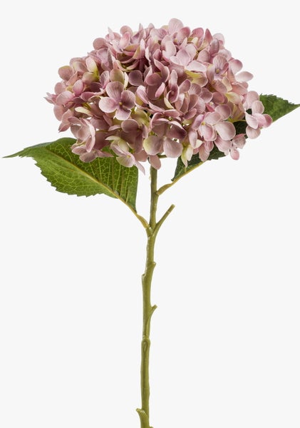 Künstliche Hortensie in Altrosa mit Stiel und grünen Blättern.