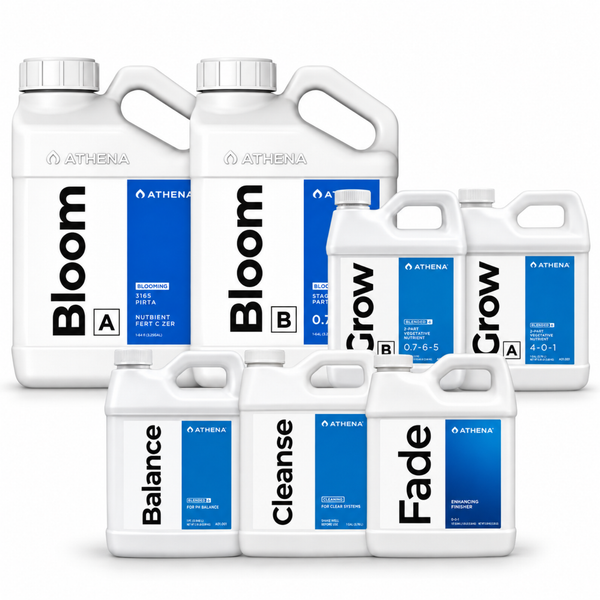 Athena Pflanzennährstoff Set mit Grow, Bloom, Balance, Cleanse und Fade Flaschen für die Pflanzenaufzucht.