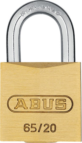 ABUS Vorhangschloss aus Messing mit gehärtetem Stahlbügel Modell 65/20 und ABUS Logo.