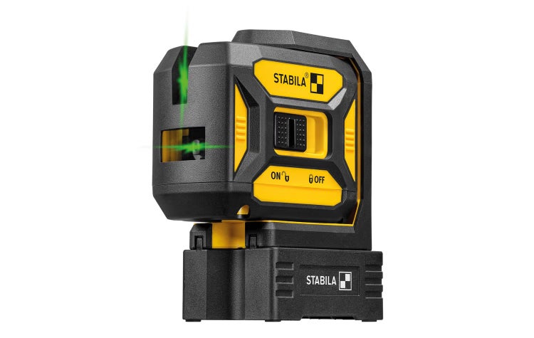 Stabila Kreuzlinienlaser mit grüner Laserlinie und integriertem Akkusockel für präzise Messarbeiten.