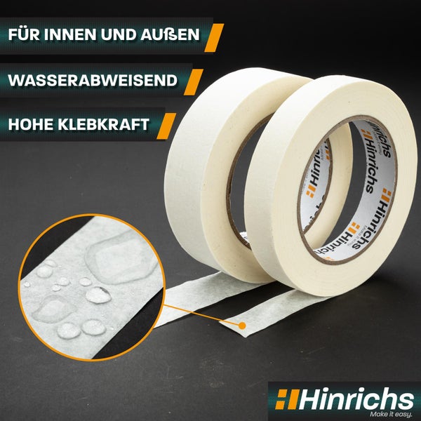 Zwei Rollen Malerkrepp für Innen- und Außenbereiche, wasserabweisend und mit hoher Klebkraft.