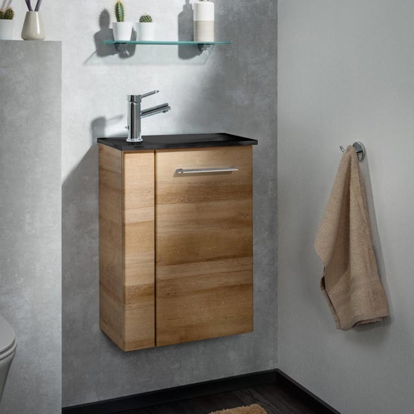Fackelmann MILANO Gäste-WC Set 2 Teile – Waschtischunterschrank in Holz Braun mit Waschbecken aus Glas in Anthrazit – SBC Waschbeckenunterschrank schmal – Türanschlag rechts – 45 cm breit