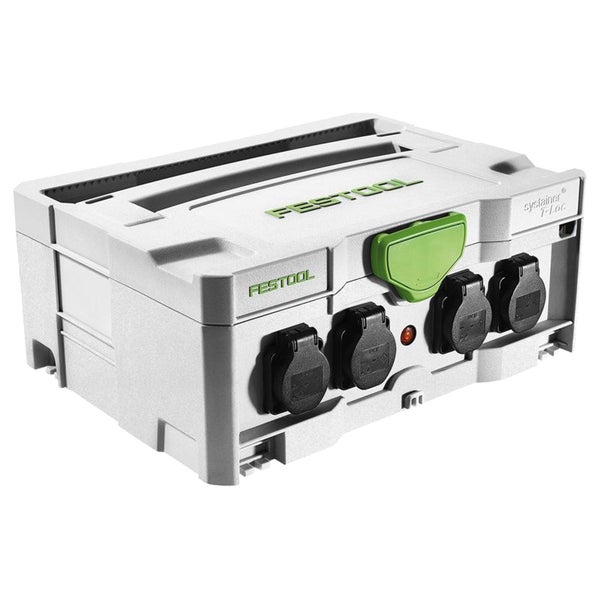 Festool Systainer Energieverteiler mit aufgerolltem schwarzem Stromkabel, Stecker, integrierter Steckdose und Festool Logo.