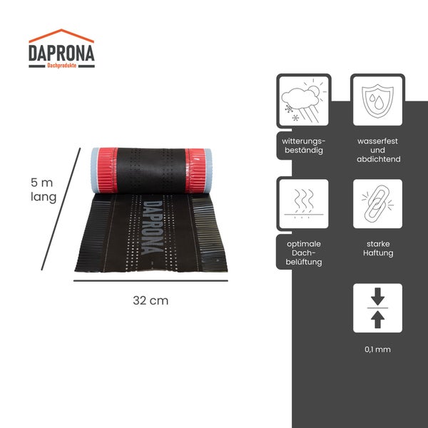 Daprona Logo. Firstband, 32 Zentimeter breit und 5 Meter lang. Witterungsbeständig, wasserfest, abdichtend, optimale Dachbelüftung und starke Haftung.