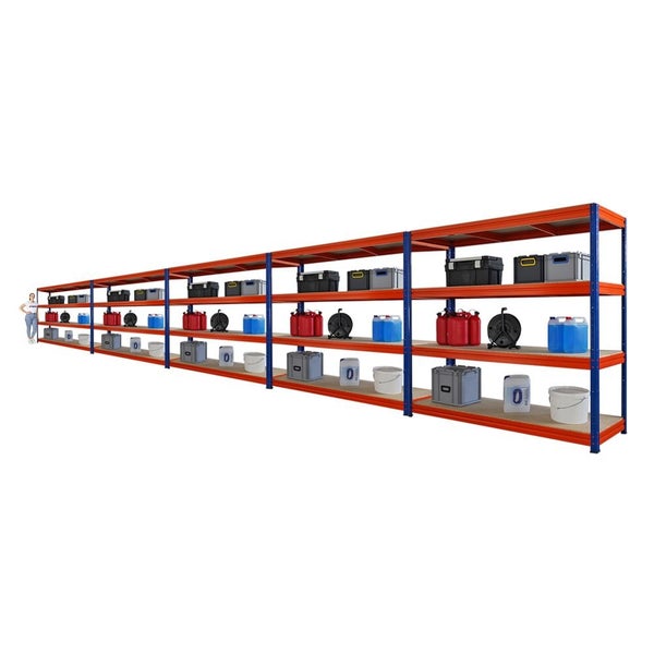 Langes Regal mit mehreren Ebenen zur Lagerung von Behältern und Boxen