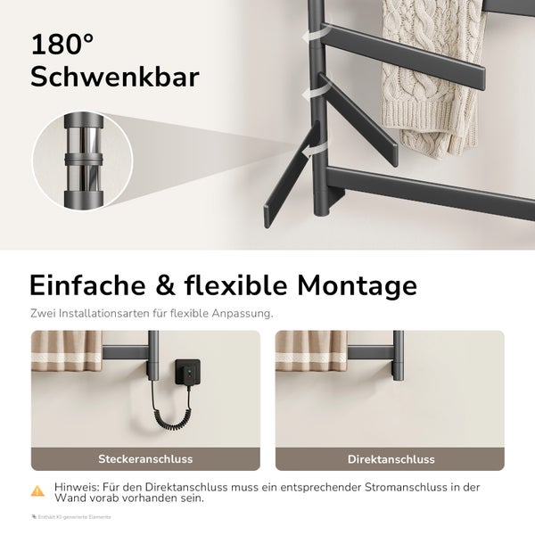 Elektrischer Handtuchheizkörper mit schwenkbaren Armen um 180 Grad und zwei Installationsoptionen für Steckeranschluss oder Direktanschluss.