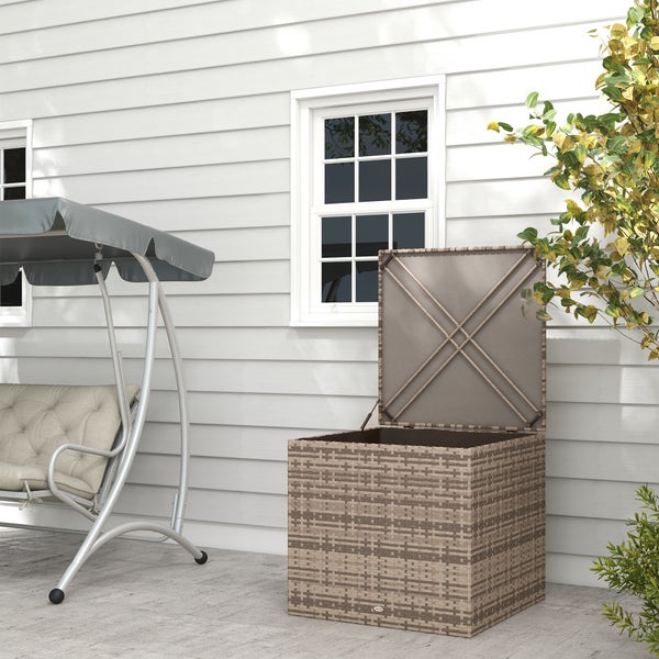 Outsunny Polyrattan Auflagenbox, Kissenbox mit Deckel, 75 x 75 x 70 cm, Stahl, PE-Rattan, Sand