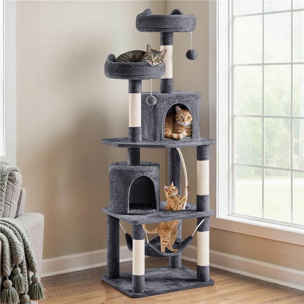 Mehrstöckiger Katzenbaum mit Liegeflächen, Höhlen und Spielzeug