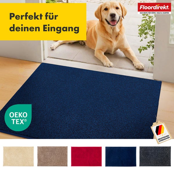 Eingangsmatte aus Textil mit Hund im Eingangsbereich, OEKO-TEX Siegel und Deutsches Unternehmen Siegel