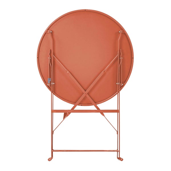 Runder Klapptisch aus Metall in Terrakotta, zusammengeklappt.