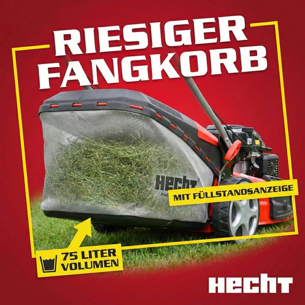 Rasentraktor mit großem Grasfangkorb und Füllstandsanzeige. Fassungsvermögen 75 Liter.