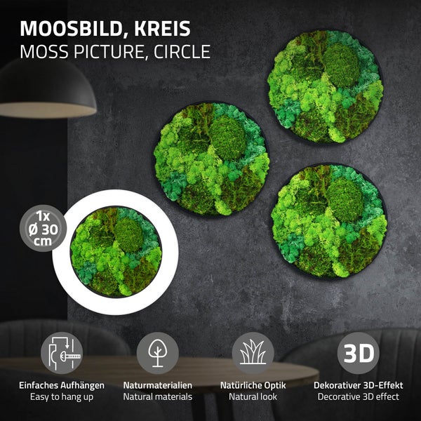 Drei runde Moosbilder mit einem Durchmesser von 30 Zentimetern an einer Wand, gefertigt aus Naturmaterialien mit dreidimensionaler Optik.